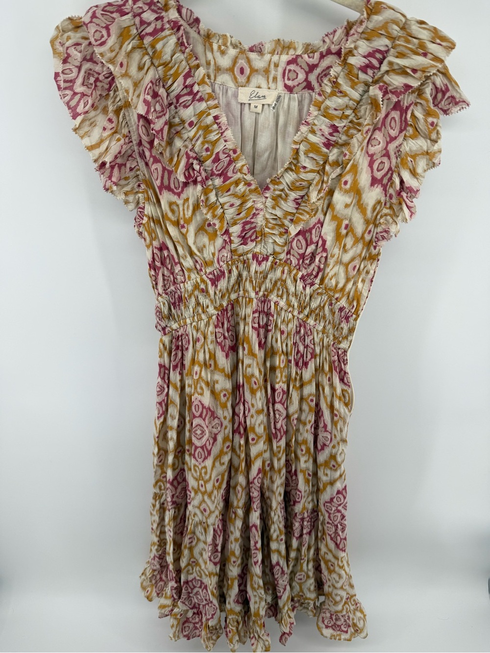 Elan Melrose Pink Gold Ikat Ruffle Smocked Tiered Midi Dress M - Picture 2 of 6